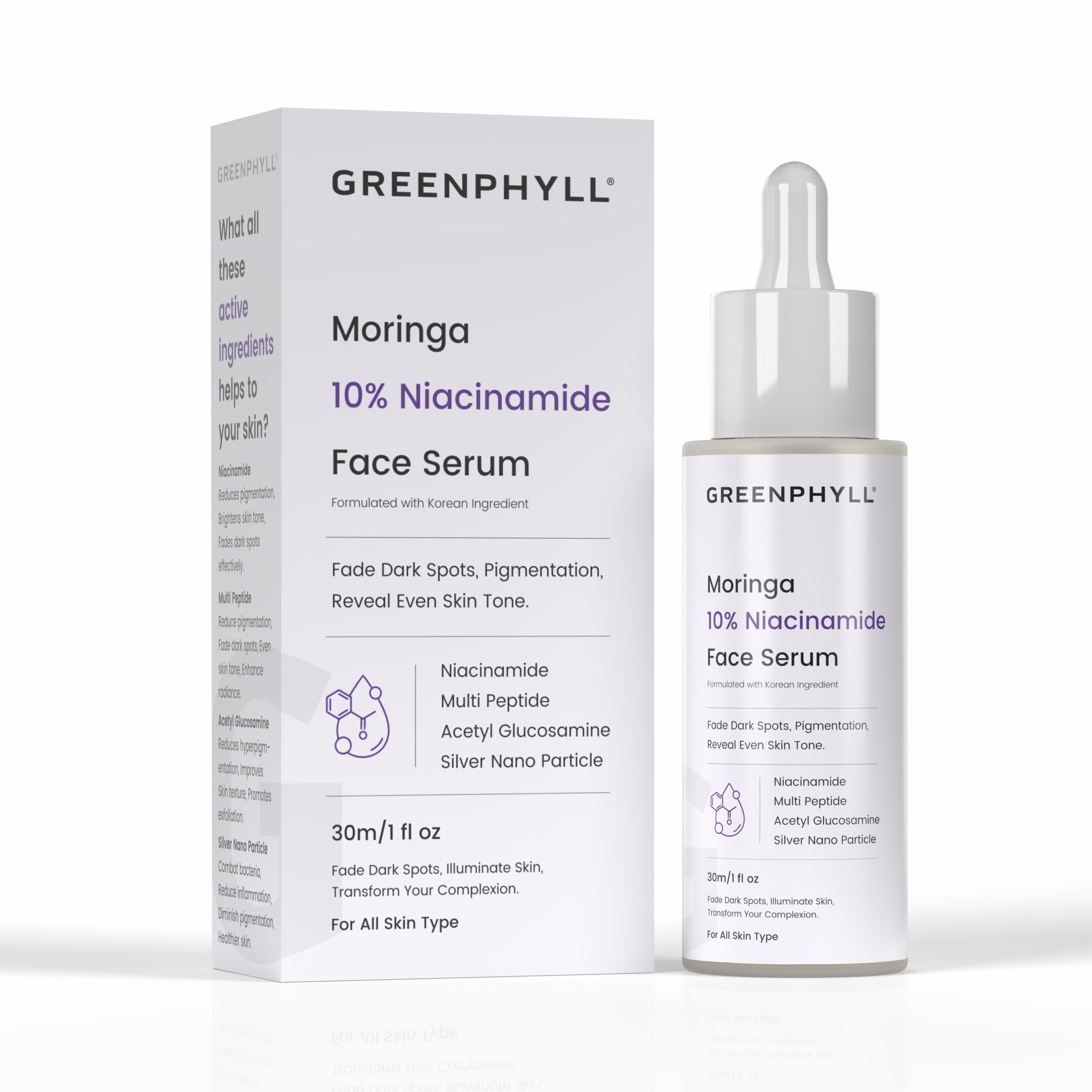 Greenphyll Moringa & 10% Niacinamide Acid Face Serum for Dark Spot Reduction, Reduces Pigmentation & Brightens Skin Tone | Exfoliates & Improves Skin Texture for all Skin Types (0.3 ml)