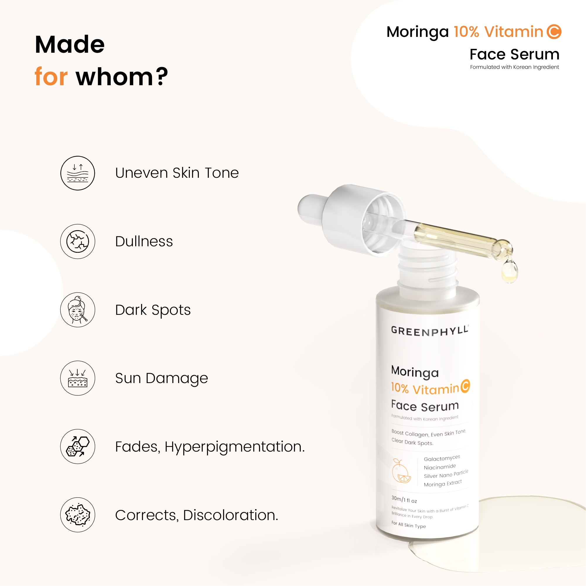 Greenphyll Moringa & 10% Vitamin C Face Serum for Glowing Skin, Reduces Dark Spots, Protects Damage for all Skin Types (30 ml)