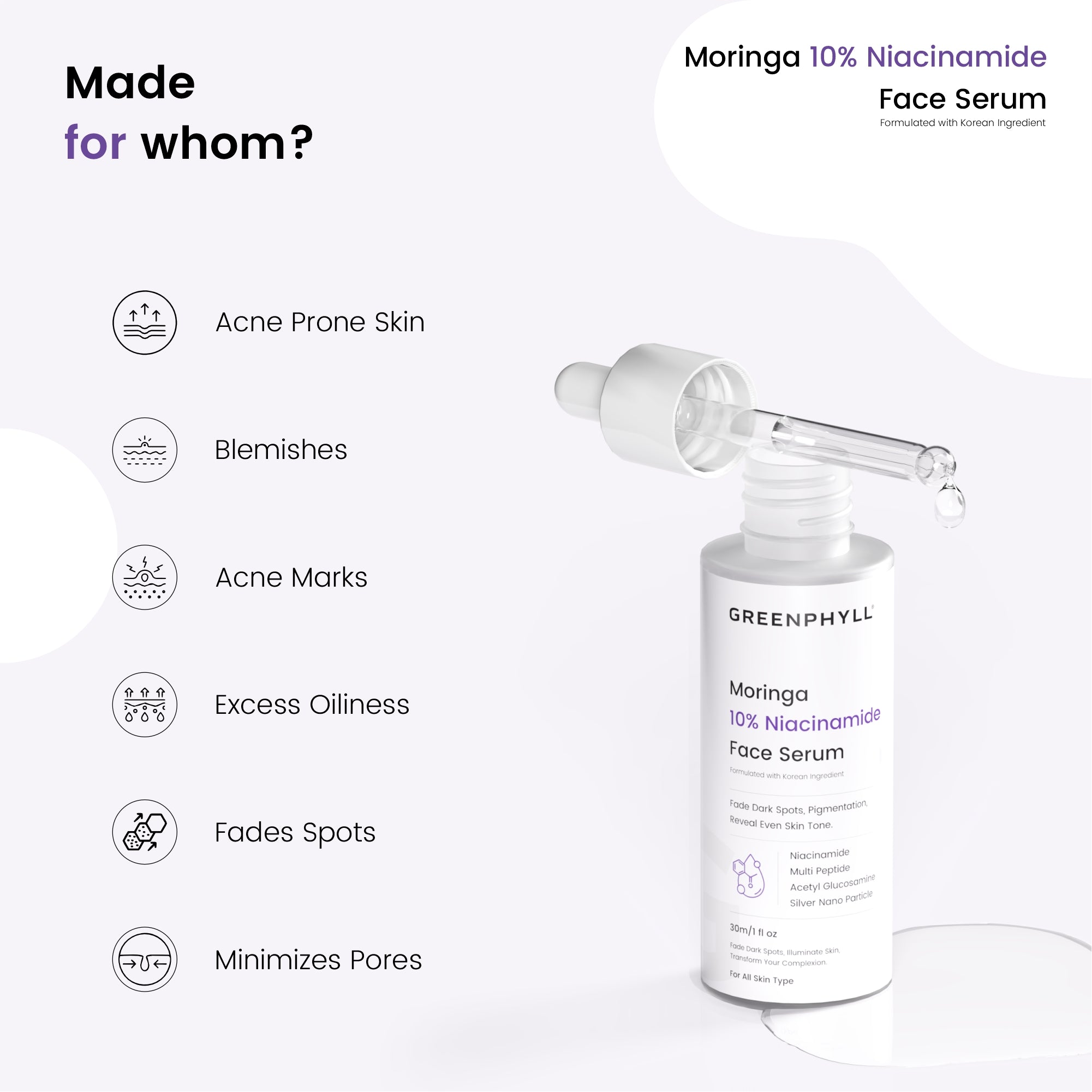 Greenphyll Moringa & 10% Niacinamide Acid Face Serum for Dark Spot Reduction, Reduces Pigmentation & Brightens Skin Tone | Exfoliates & Improves Skin Texture for all Skin Types (0.3 ml)