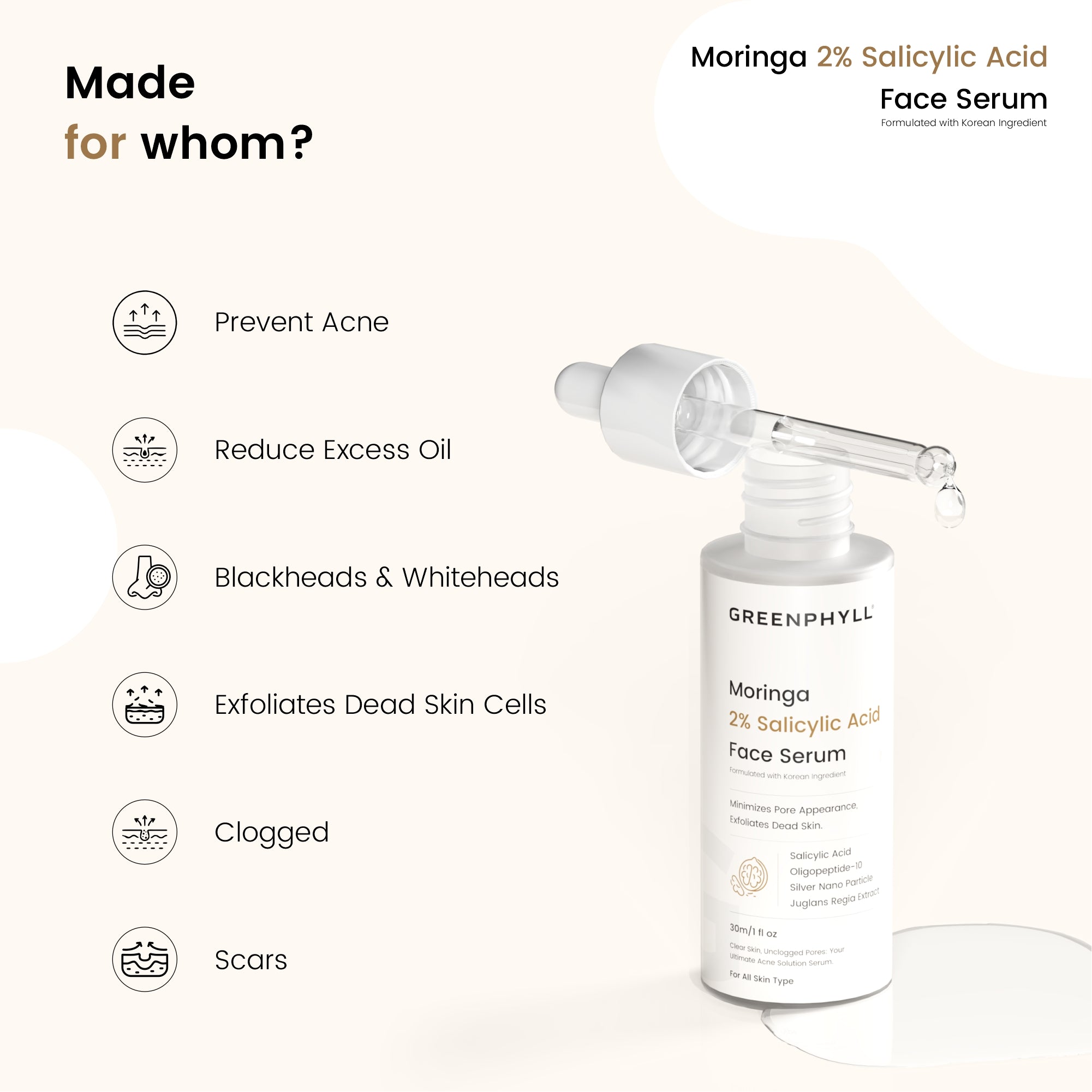 Greenphyll Moringa & 2% Salicylic Acid Face Serum for Acne Solution, Oil Control & Pore Unclogging | Dead Skin Revival for all Skin Types (0.3 ml)