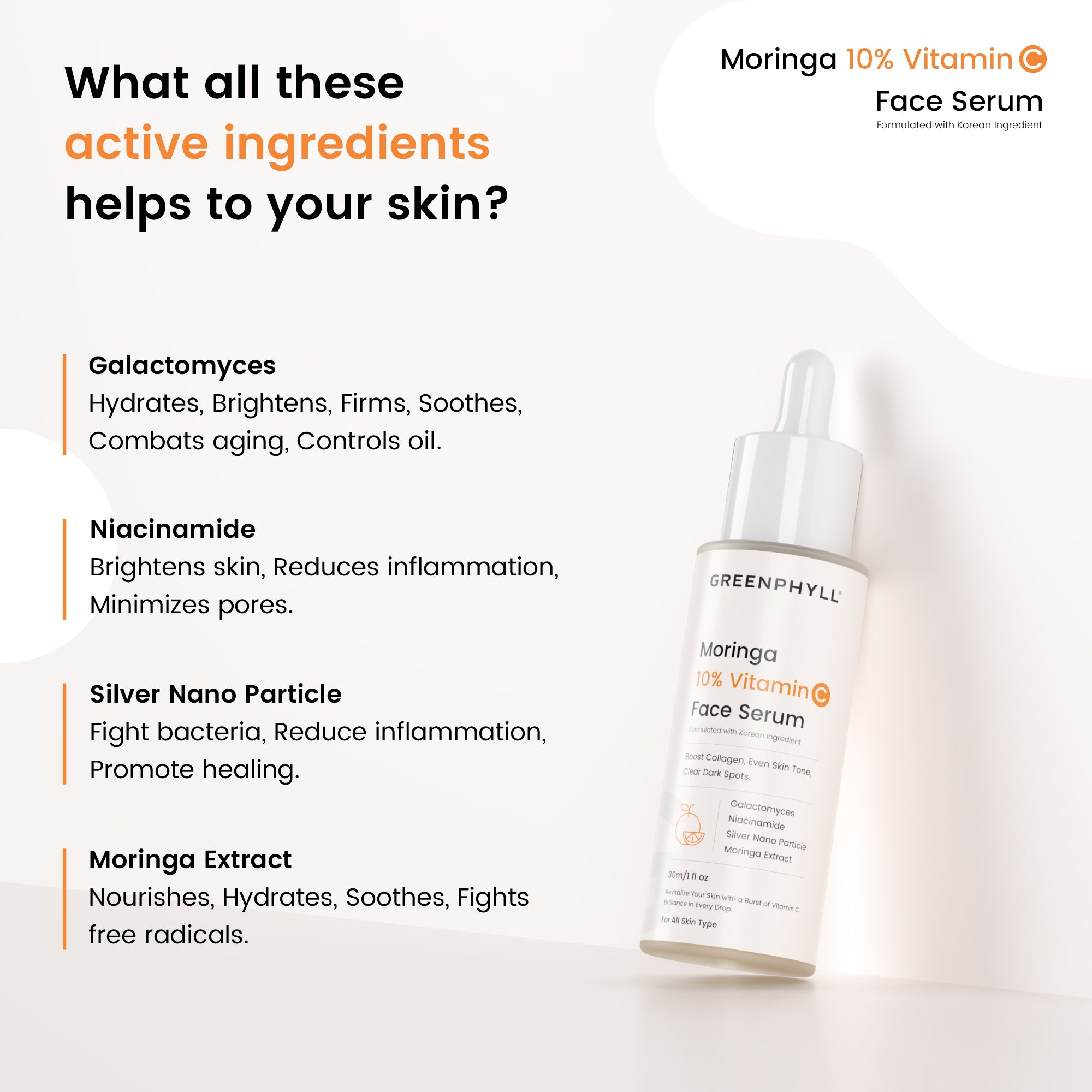 Greenphyll Moringa & 10% Vitamin C Face Serum for Glowing Skin, Reduces Dark Spots, Protects Damage for all Skin Types (30 ml)