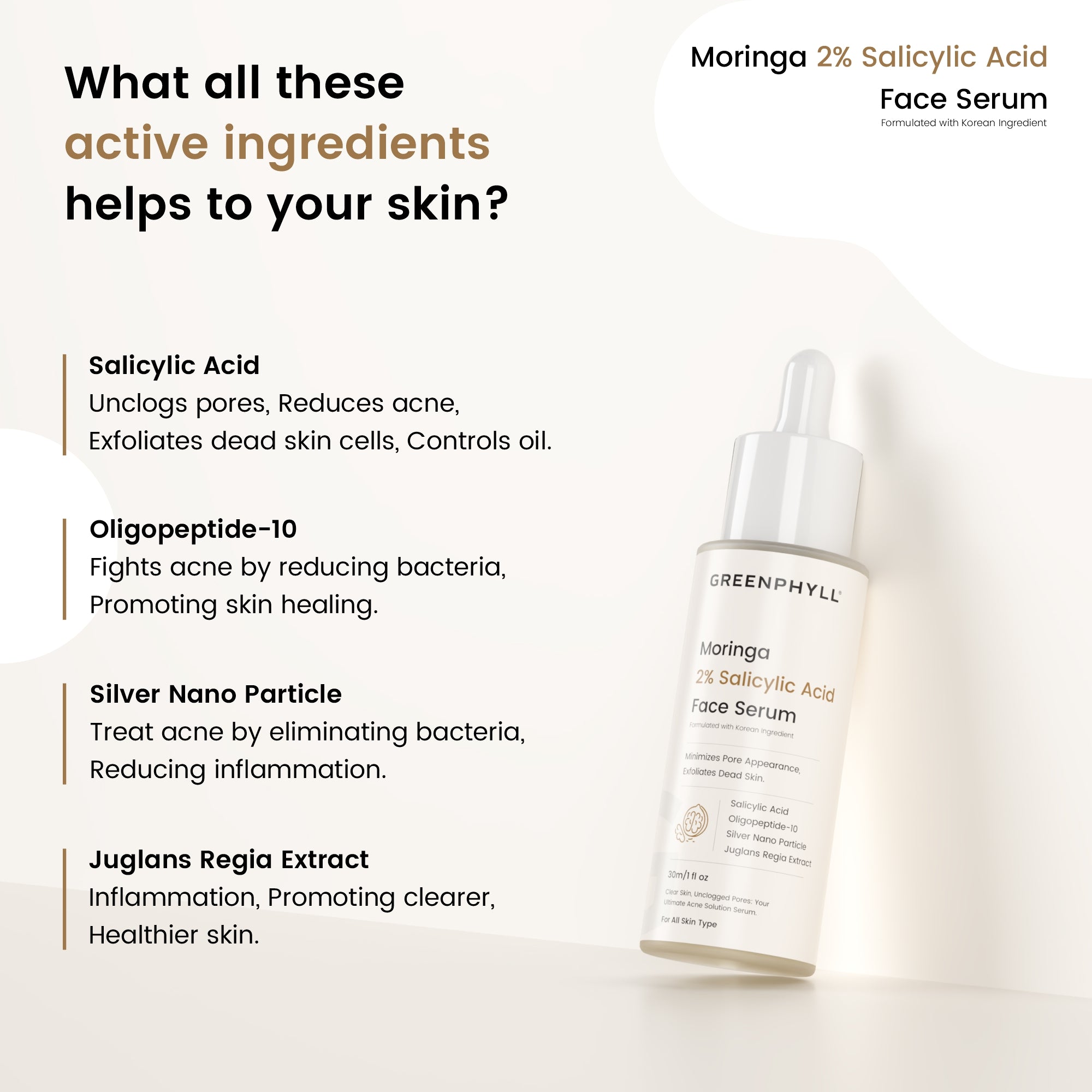 Greenphyll Moringa & 2% Salicylic Acid Face Serum for Acne Solution, Oil Control & Pore Unclogging | Dead Skin Revival for all Skin Types (0.3 ml)