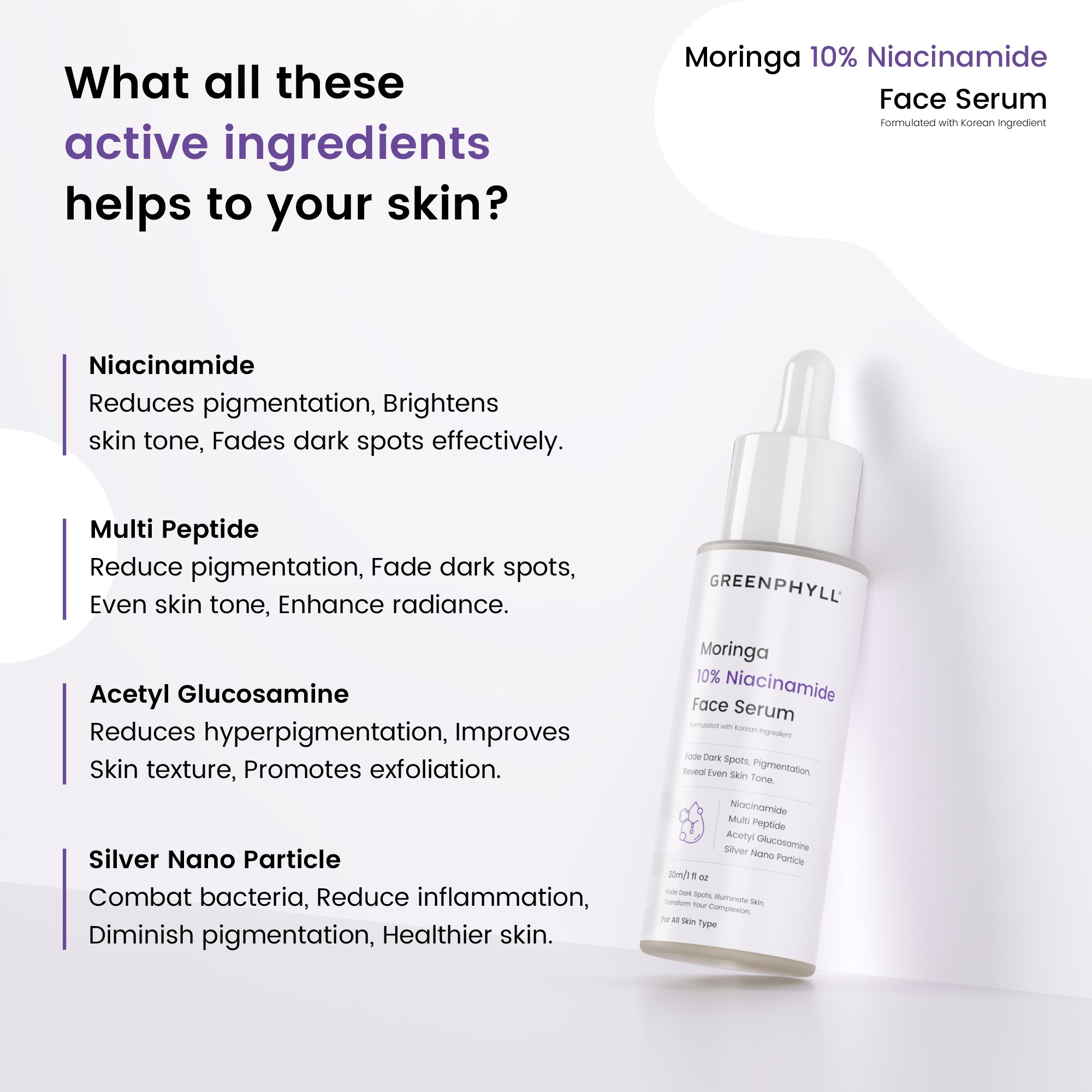 Greenphyll Moringa & 10% Niacinamide Acid Face Serum for Dark Spot Reduction, Reduces Pigmentation & Brightens Skin Tone | Exfoliates & Improves Skin Texture for all Skin Types (0.3 ml)