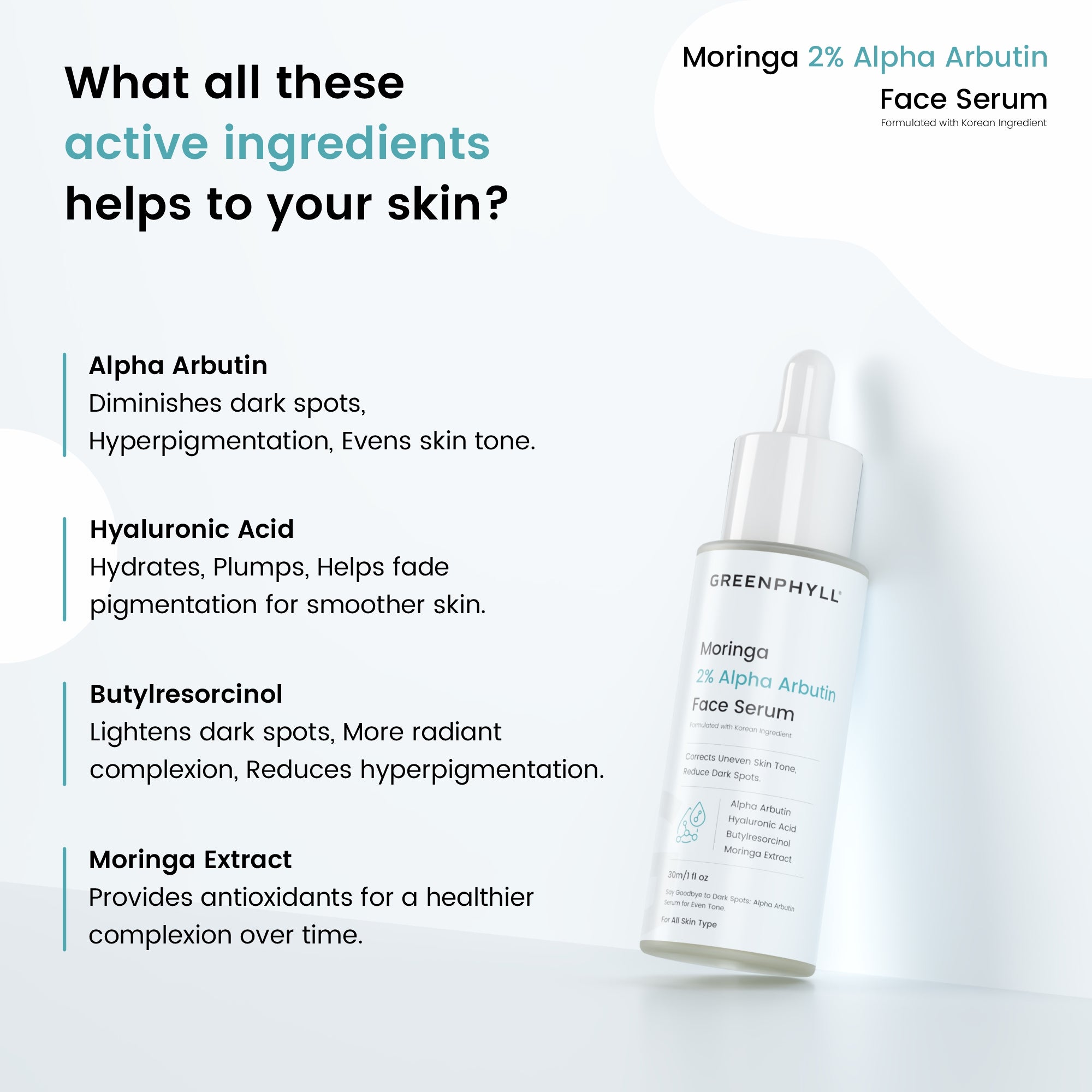 Greenphyll Moringa & 2% Hyaluronic Acid Face Serum for Intense Hydration, Reduces Dark Spots & Evens Skin Tone | Glowing Skin & Fine Lines for all Skin Types (0.3 ml)